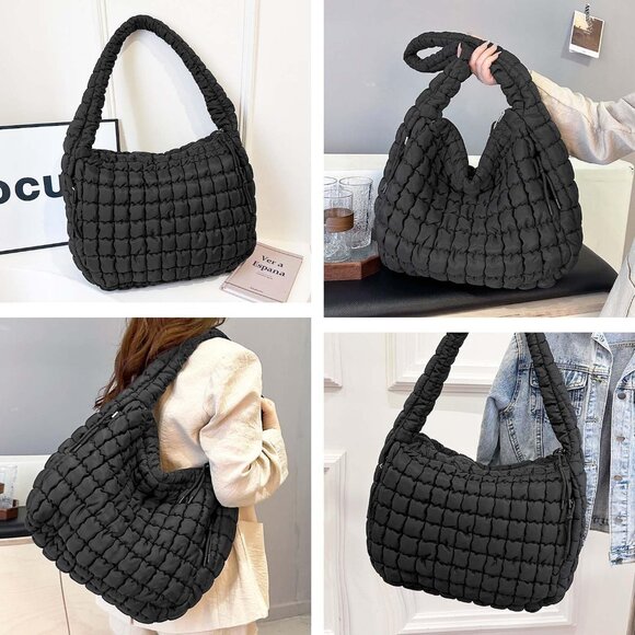 Women's Black Lightweight Cotton Puffy Quilted Hobo Bag Retro Soft Shoulder Bag - Picture 4 of 7